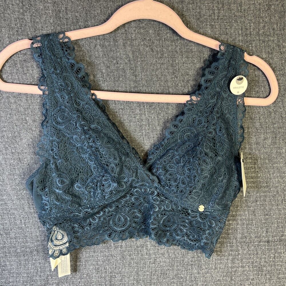Lucky Brand Deep V Lace Wireless Blue Bralette Adjustable Straps Stretch S NWT